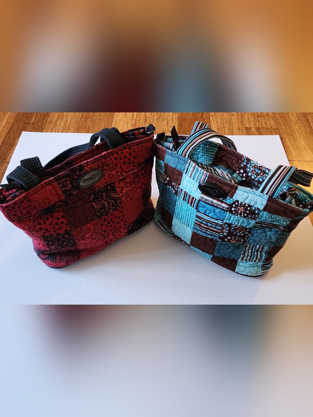 Donna Sharp Quilted Patchwork Tote Pair in Turquoise/Brown and Pink/Black.